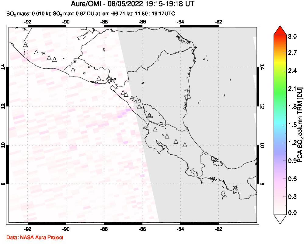 A sulfur dioxide image over Central America on Aug 05, 2022.