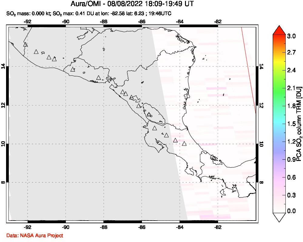 A sulfur dioxide image over Central America on Aug 08, 2022.