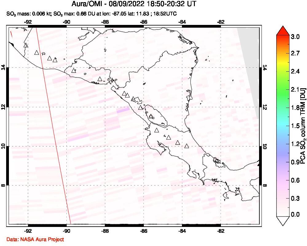 A sulfur dioxide image over Central America on Aug 09, 2022.