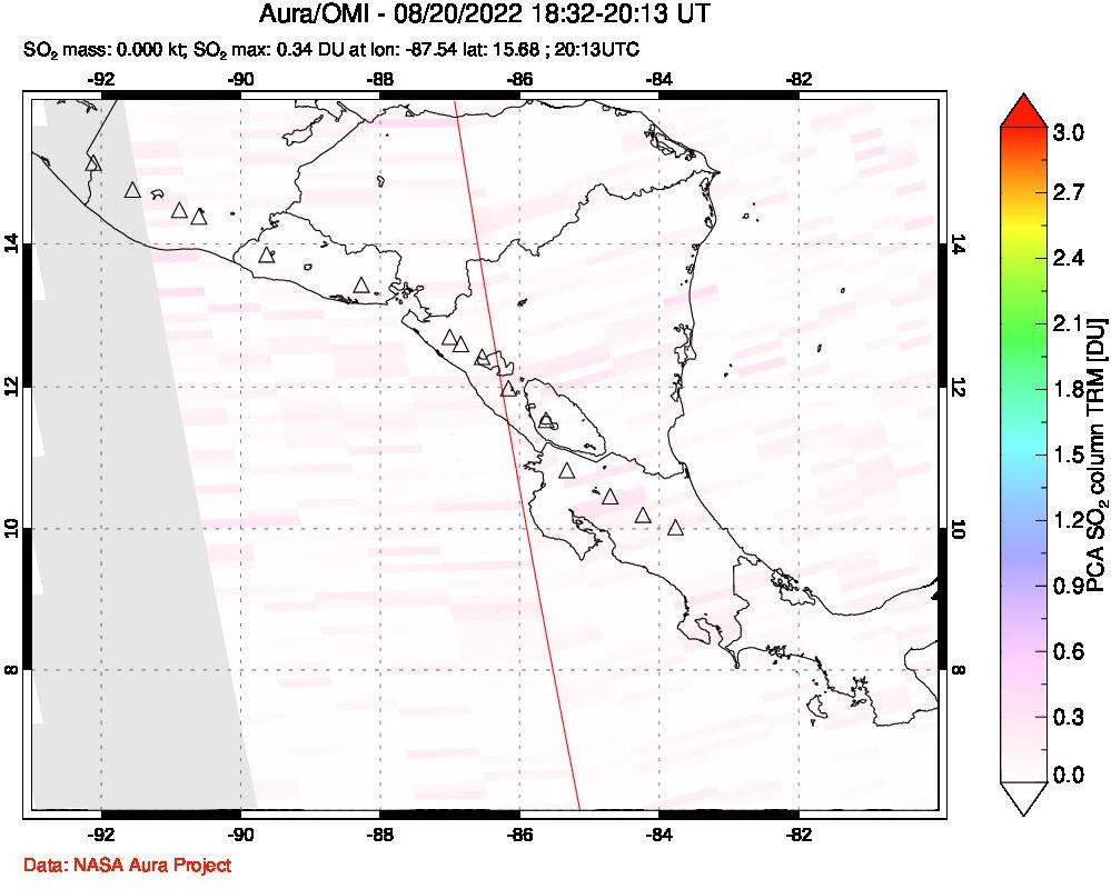 A sulfur dioxide image over Central America on Aug 20, 2022.