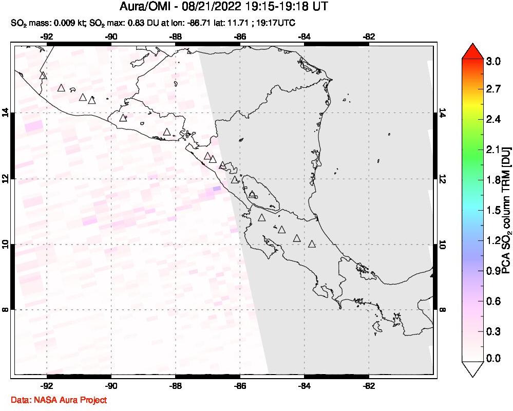 A sulfur dioxide image over Central America on Aug 21, 2022.