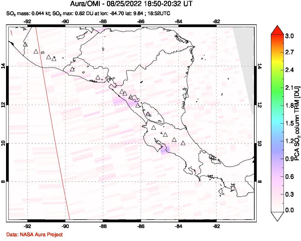 A sulfur dioxide image over Central America on Aug 25, 2022.