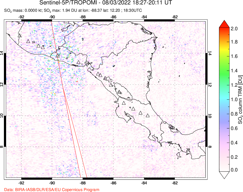 A sulfur dioxide image over Central America on Aug 03, 2022.