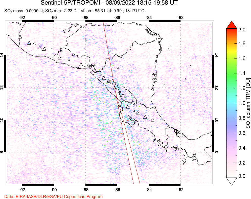 A sulfur dioxide image over Central America on Aug 09, 2022.