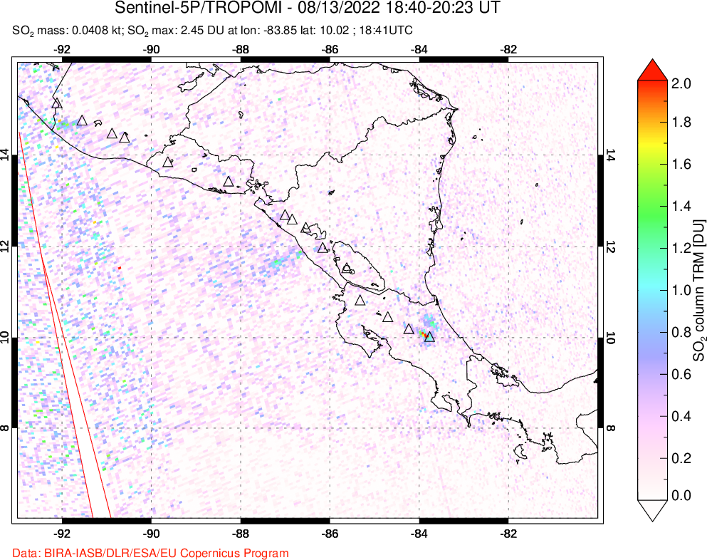 A sulfur dioxide image over Central America on Aug 13, 2022.