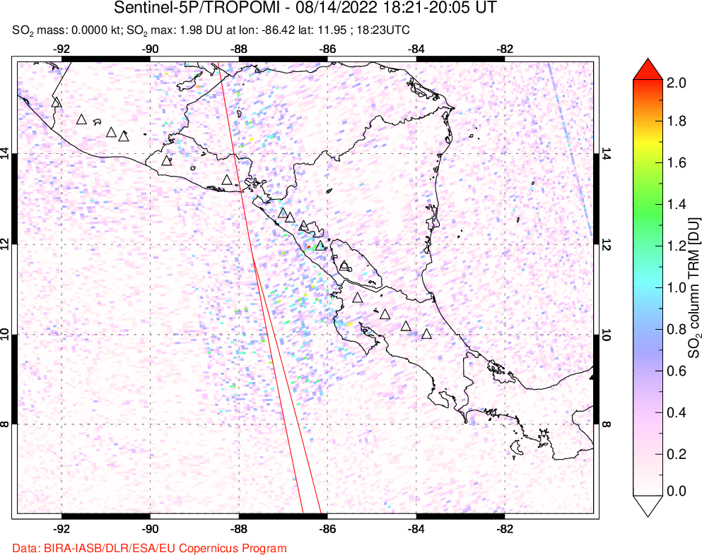 A sulfur dioxide image over Central America on Aug 14, 2022.