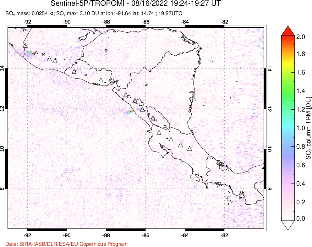A sulfur dioxide image over Central America on Aug 16, 2022.