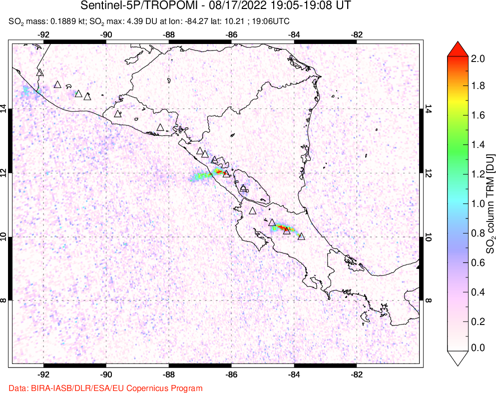 A sulfur dioxide image over Central America on Aug 17, 2022.