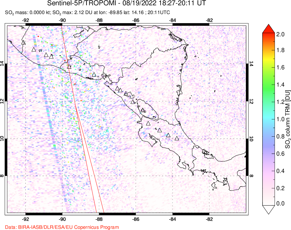 A sulfur dioxide image over Central America on Aug 19, 2022.