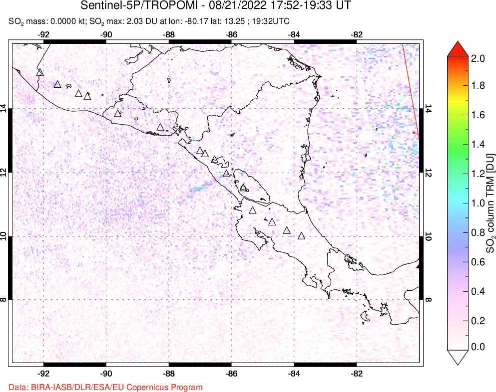 A sulfur dioxide image over Central America on Aug 21, 2022.
