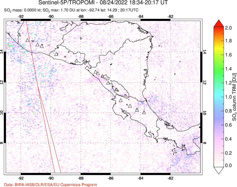 A sulfur dioxide image over Central America on Aug 24, 2022.