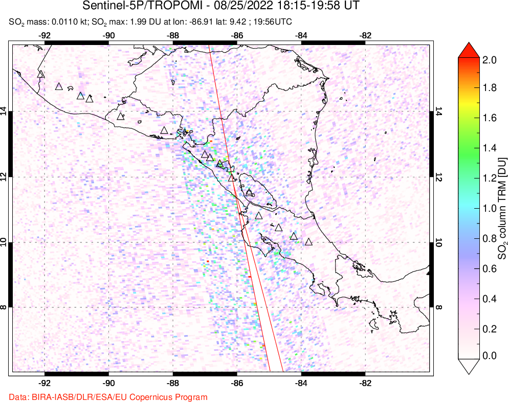 A sulfur dioxide image over Central America on Aug 25, 2022.