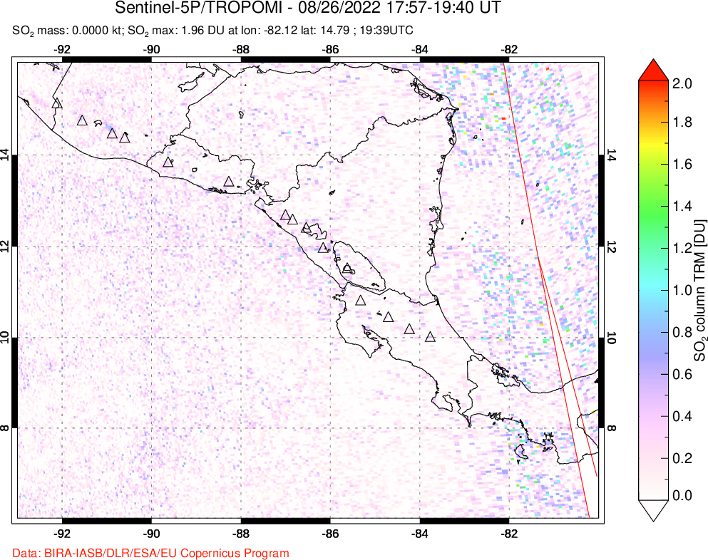 A sulfur dioxide image over Central America on Aug 26, 2022.