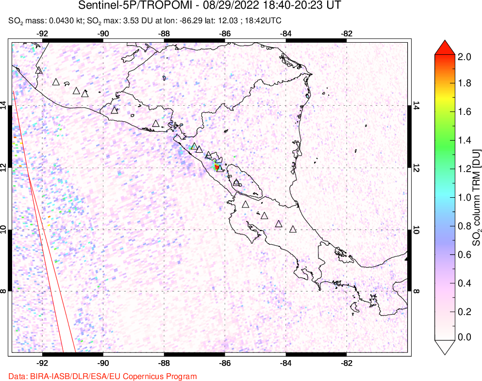 A sulfur dioxide image over Central America on Aug 29, 2022.