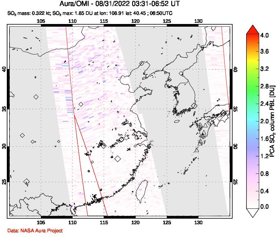A sulfur dioxide image over Eastern China on Aug 31, 2022.