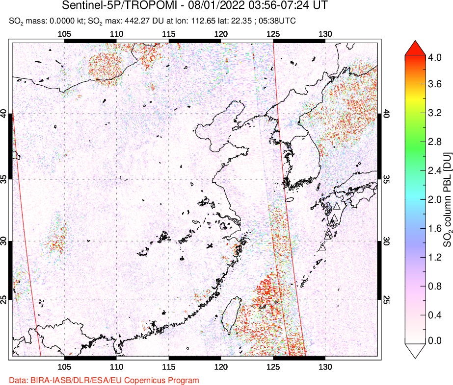 A sulfur dioxide image over Eastern China on Aug 01, 2022.