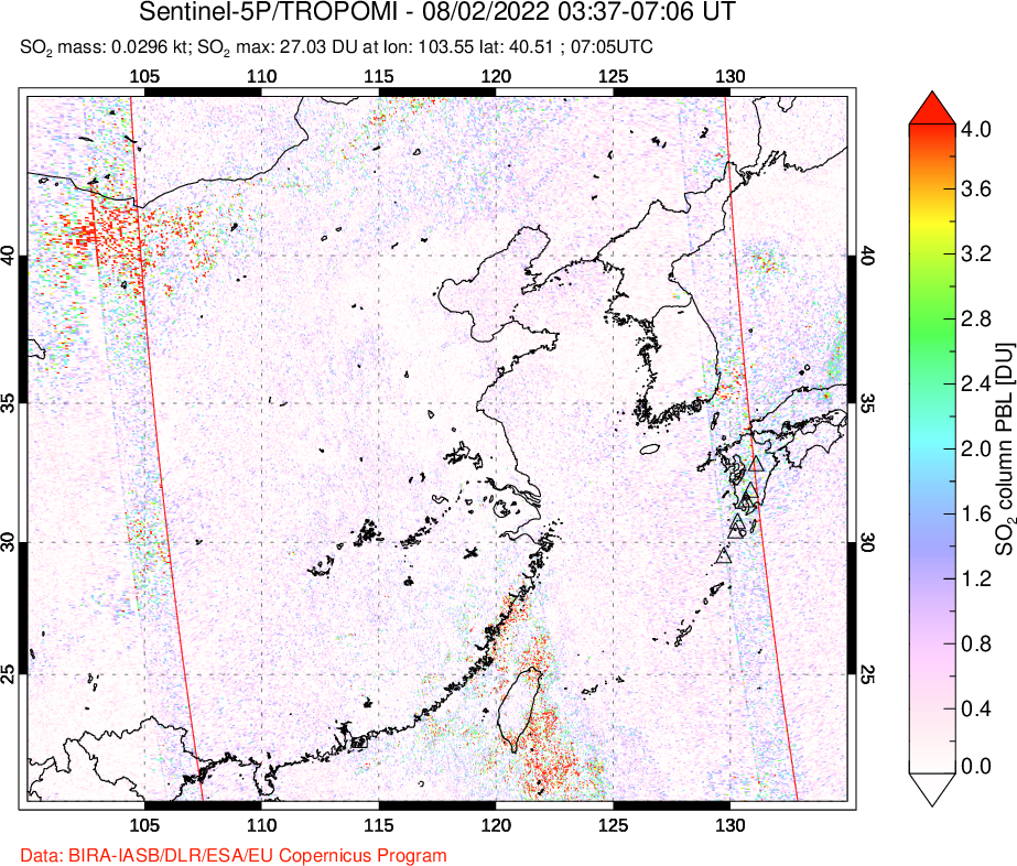 A sulfur dioxide image over Eastern China on Aug 02, 2022.