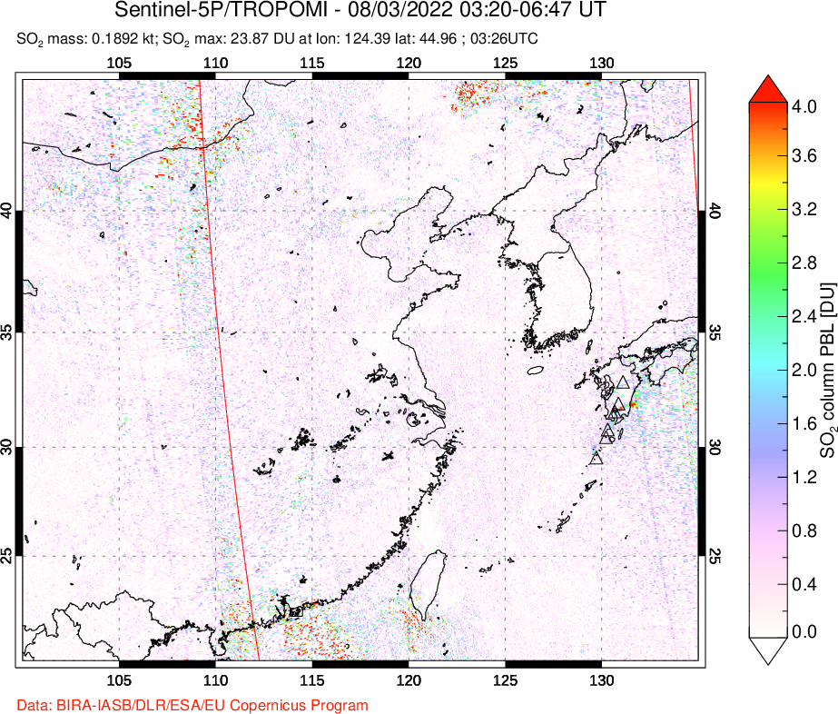 A sulfur dioxide image over Eastern China on Aug 03, 2022.