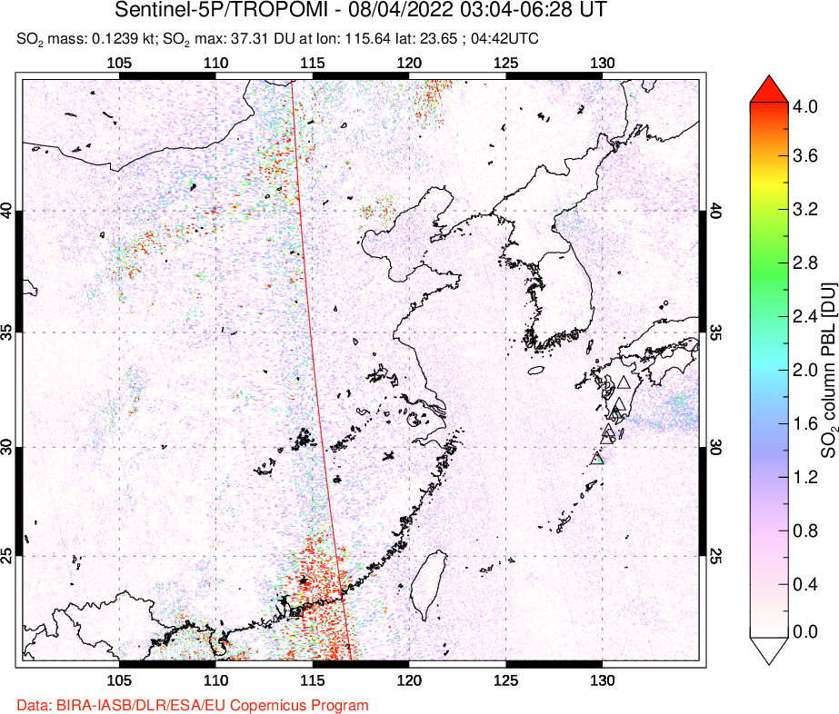 A sulfur dioxide image over Eastern China on Aug 04, 2022.