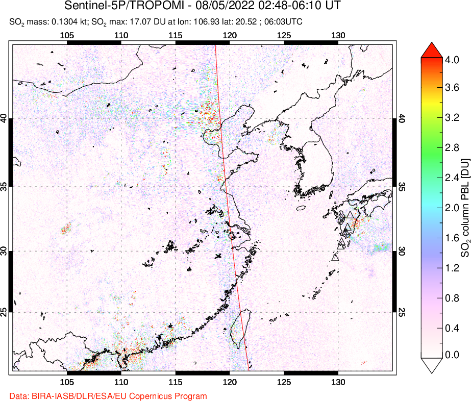 A sulfur dioxide image over Eastern China on Aug 05, 2022.