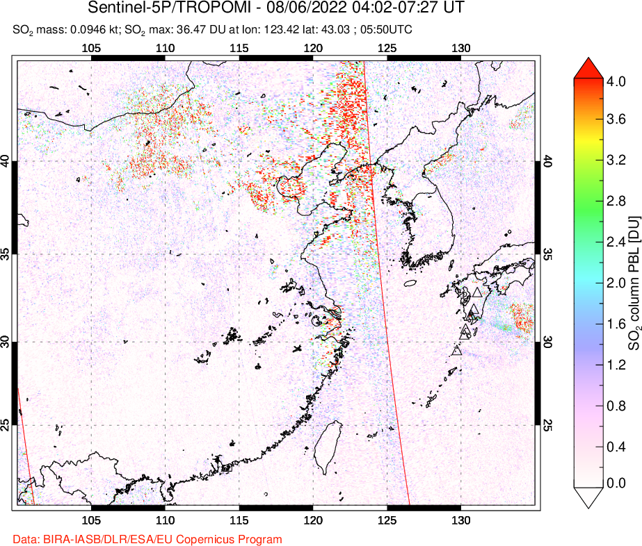 A sulfur dioxide image over Eastern China on Aug 06, 2022.