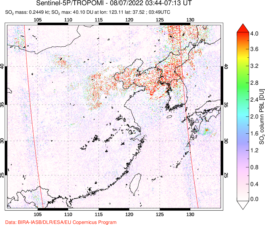 A sulfur dioxide image over Eastern China on Aug 07, 2022.