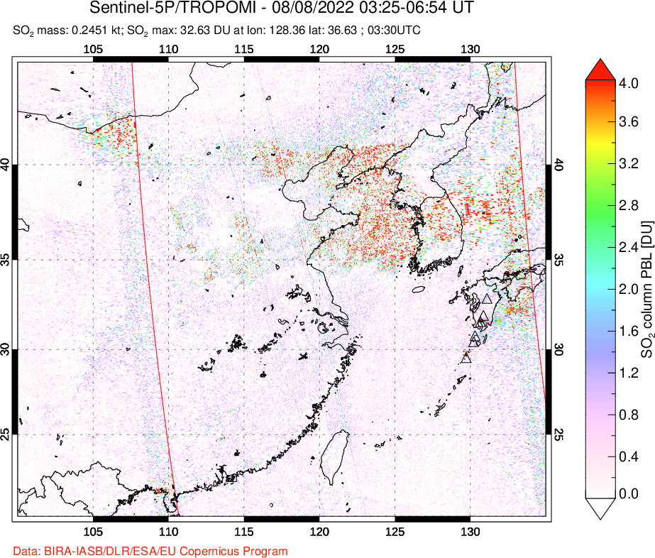 A sulfur dioxide image over Eastern China on Aug 08, 2022.