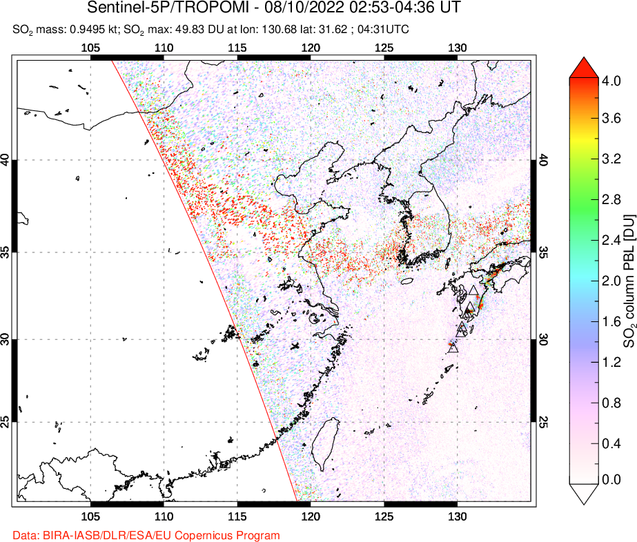 A sulfur dioxide image over Eastern China on Aug 10, 2022.