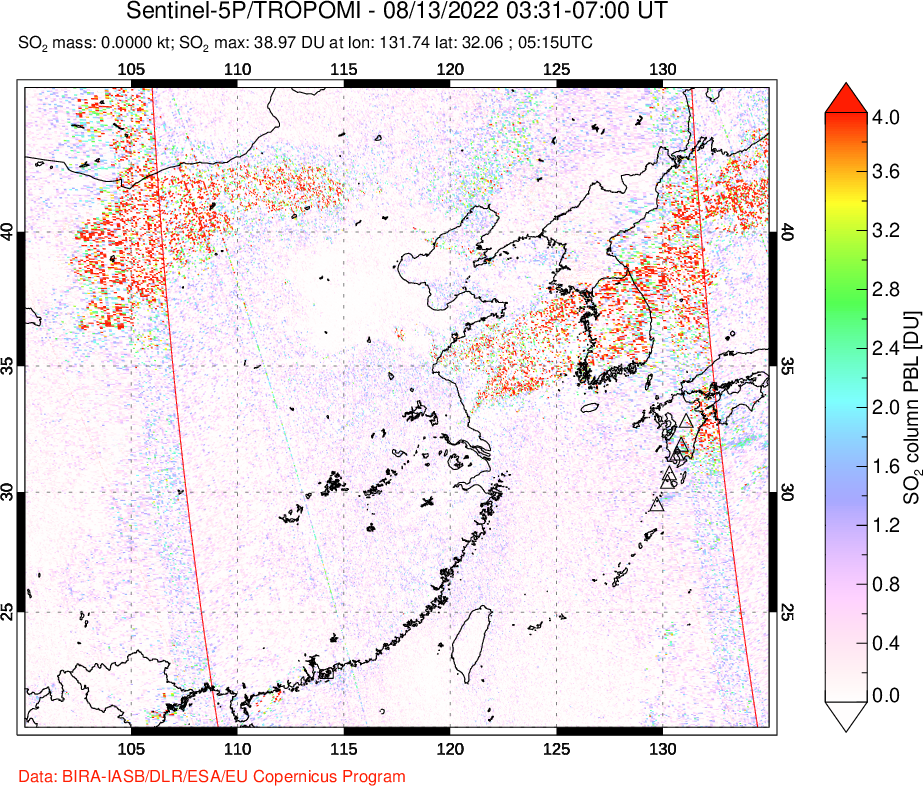 A sulfur dioxide image over Eastern China on Aug 13, 2022.