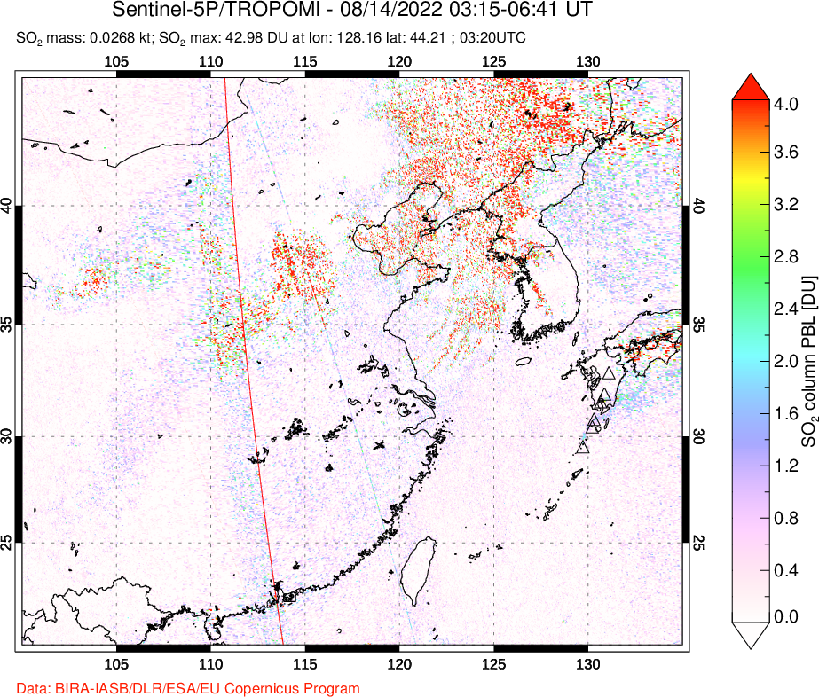 A sulfur dioxide image over Eastern China on Aug 14, 2022.