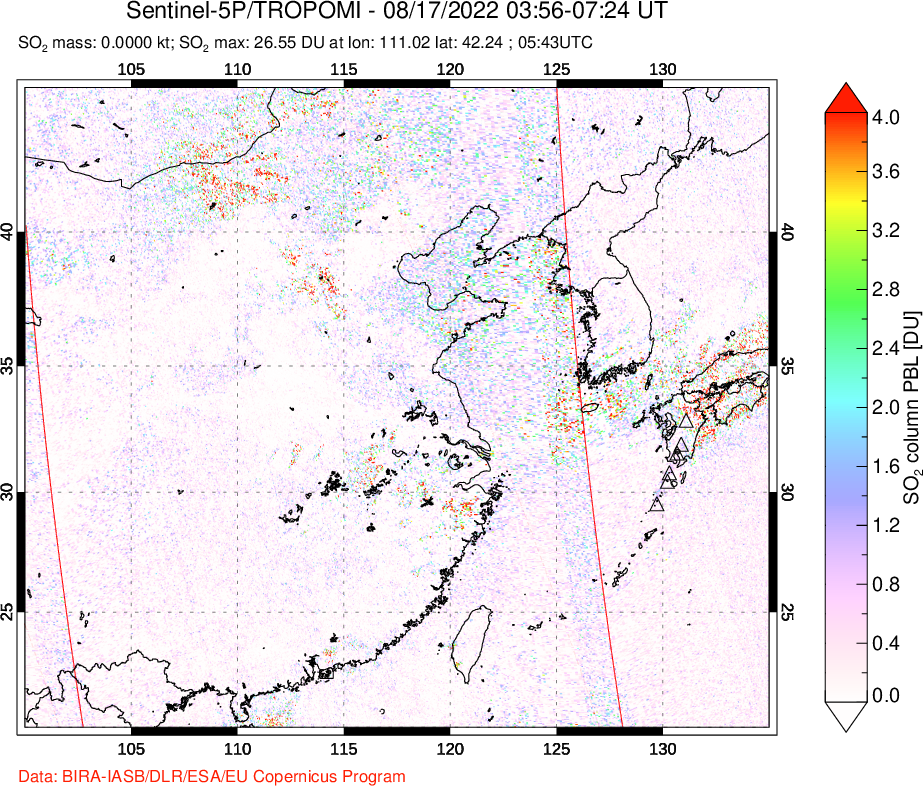 A sulfur dioxide image over Eastern China on Aug 17, 2022.
