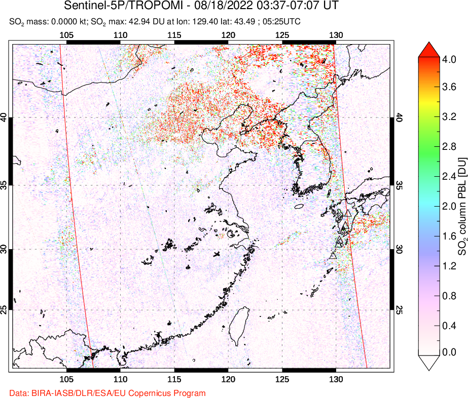 A sulfur dioxide image over Eastern China on Aug 18, 2022.