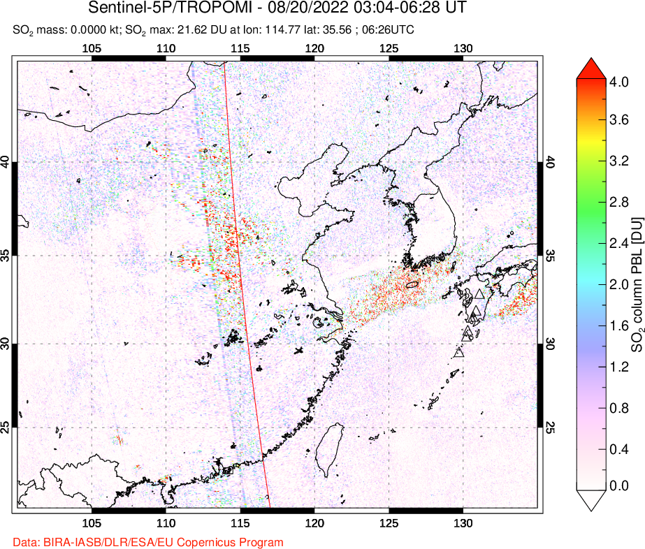 A sulfur dioxide image over Eastern China on Aug 20, 2022.