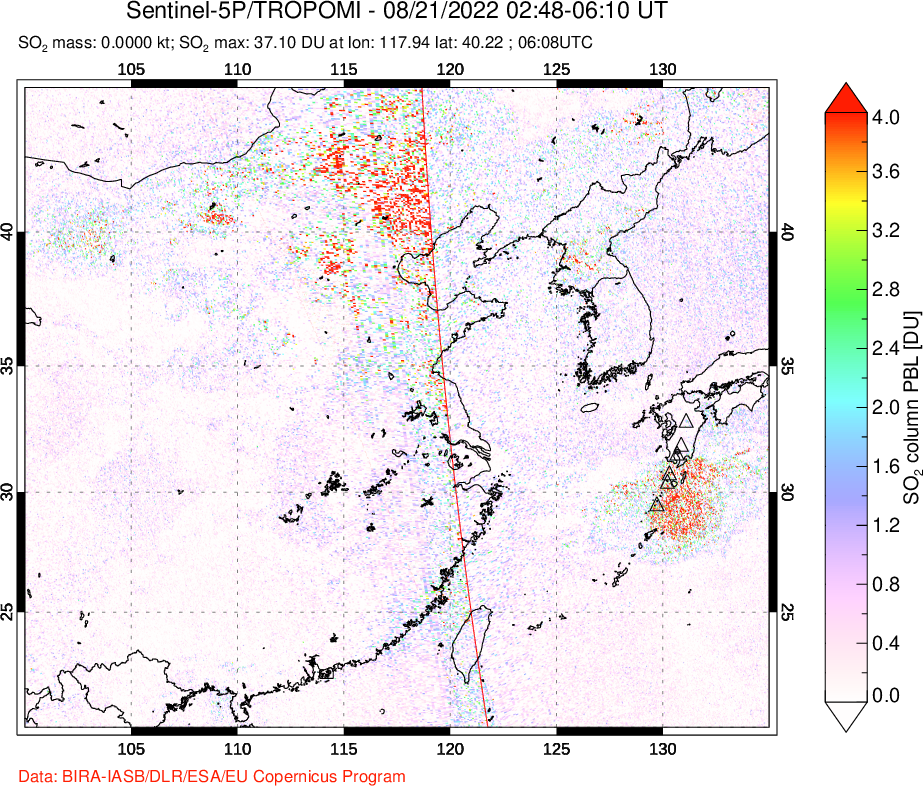 A sulfur dioxide image over Eastern China on Aug 21, 2022.