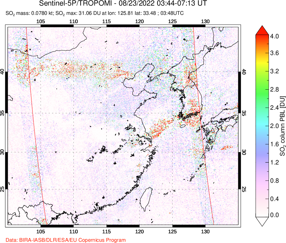 A sulfur dioxide image over Eastern China on Aug 23, 2022.