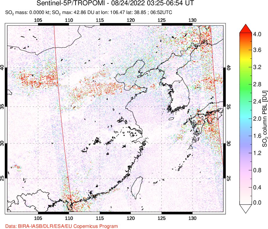 A sulfur dioxide image over Eastern China on Aug 24, 2022.