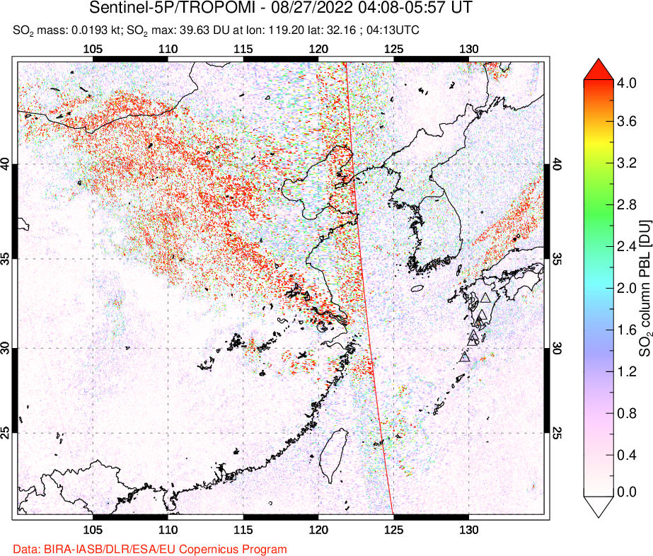 A sulfur dioxide image over Eastern China on Aug 27, 2022.