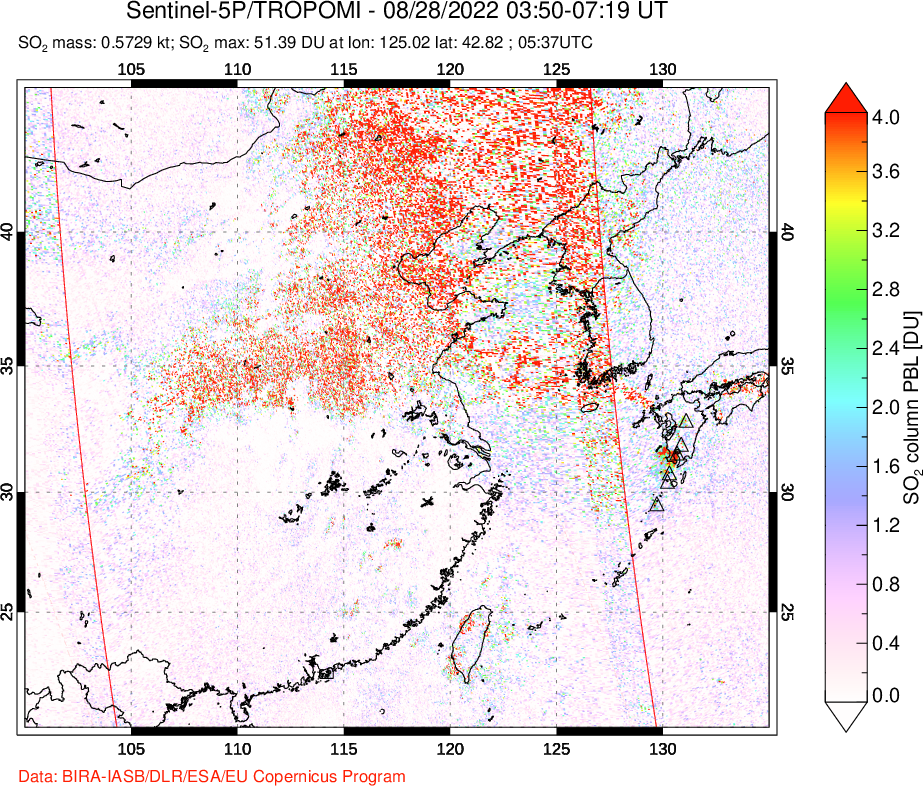 A sulfur dioxide image over Eastern China on Aug 28, 2022.