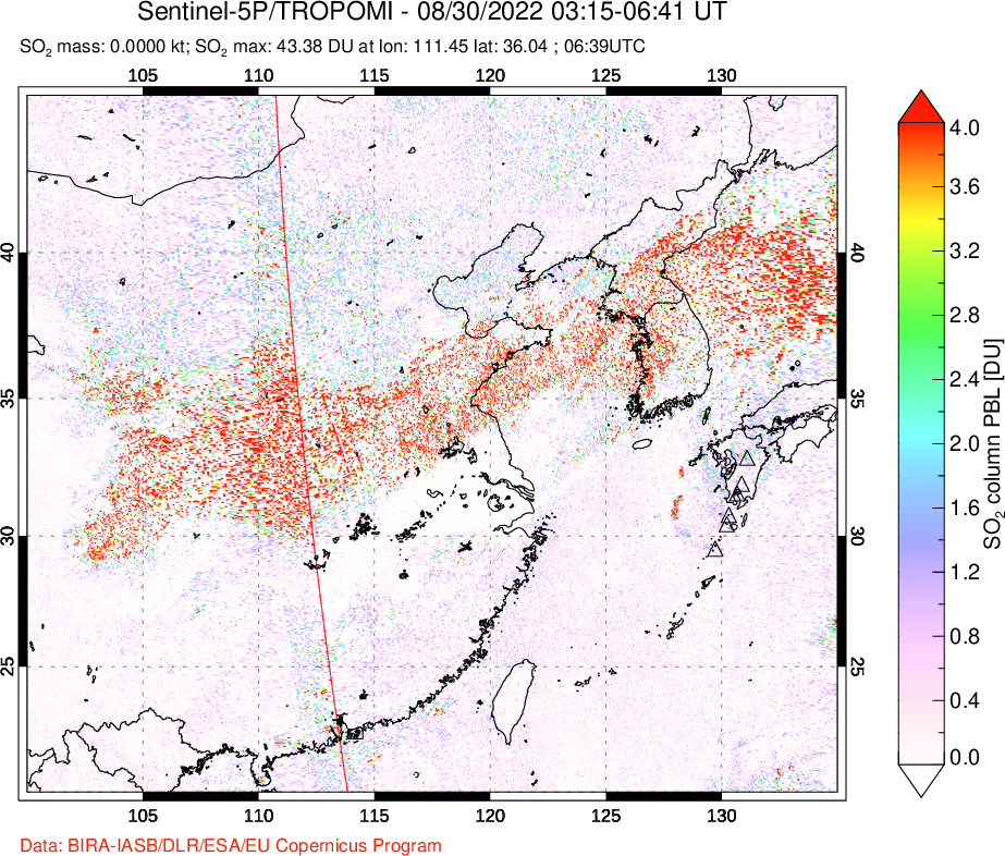 A sulfur dioxide image over Eastern China on Aug 30, 2022.