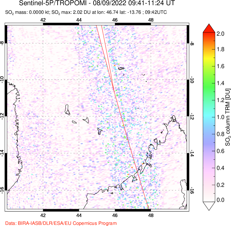 A sulfur dioxide image over Comoro Islands on Aug 09, 2022.