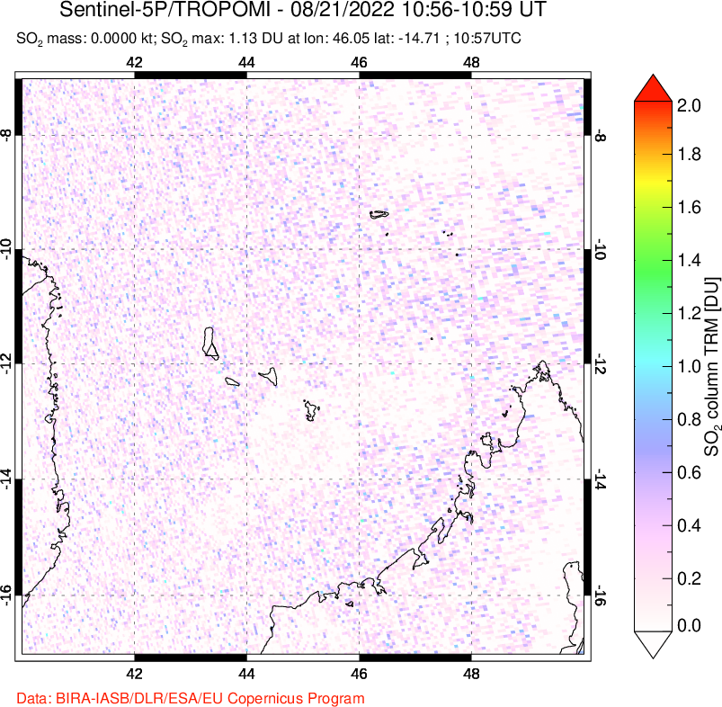 A sulfur dioxide image over Comoro Islands on Aug 21, 2022.
