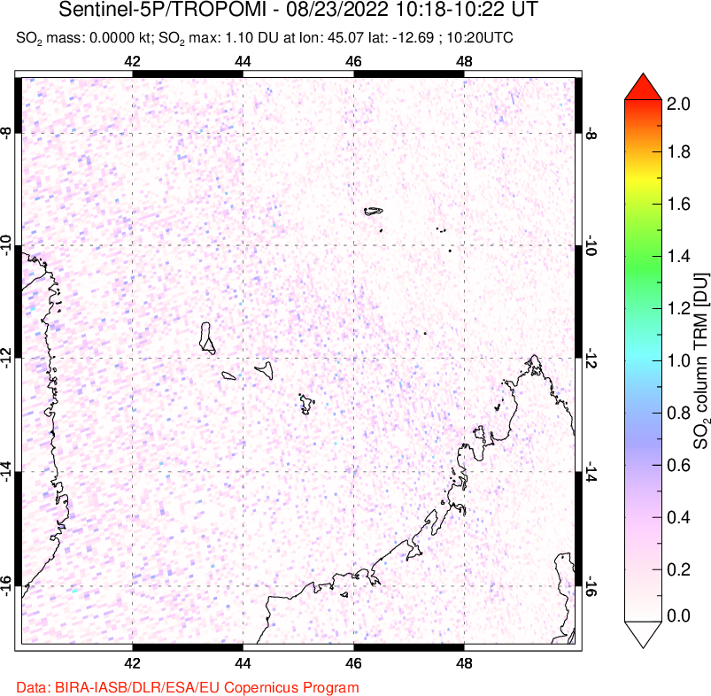 A sulfur dioxide image over Comoro Islands on Aug 23, 2022.