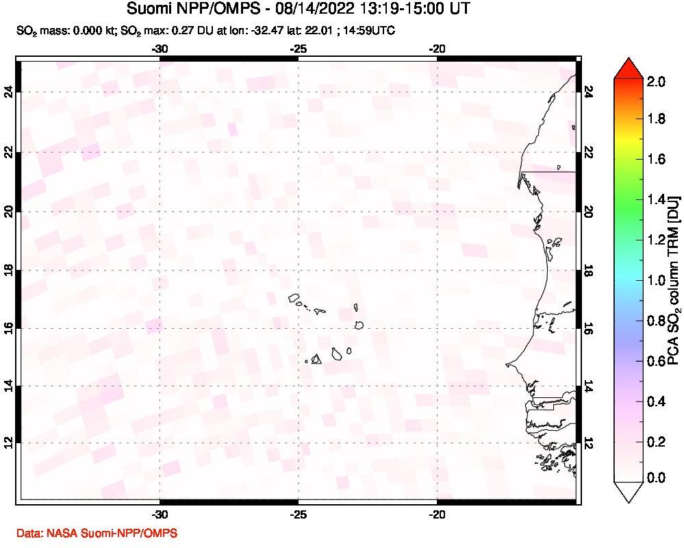 A sulfur dioxide image over Cape Verde Islands on Aug 14, 2022.