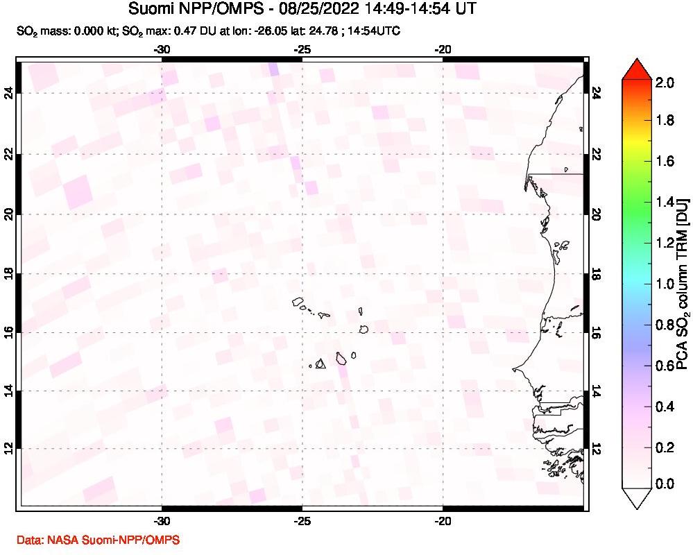 A sulfur dioxide image over Cape Verde Islands on Aug 25, 2022.
