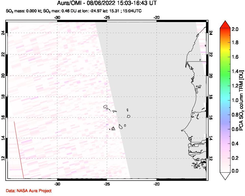A sulfur dioxide image over Cape Verde Islands on Aug 06, 2022.
