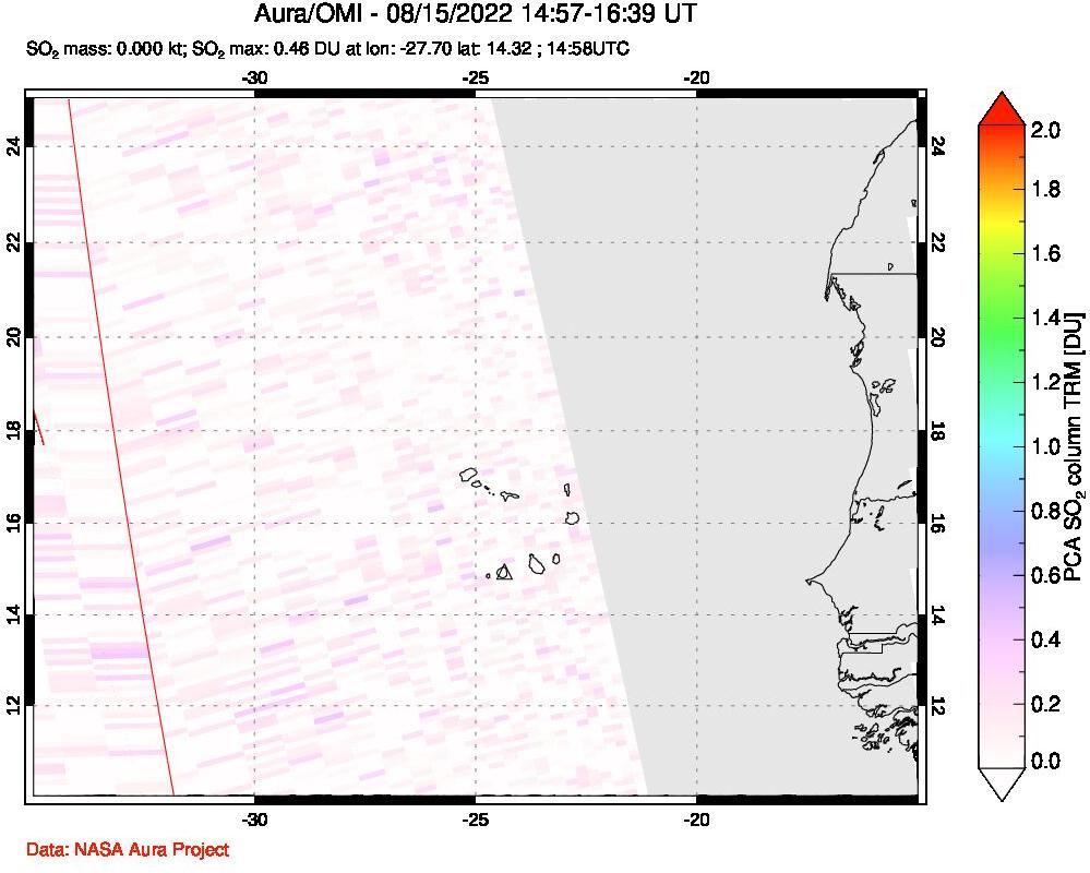 A sulfur dioxide image over Cape Verde Islands on Aug 15, 2022.