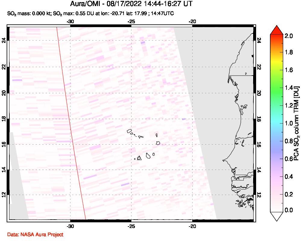 A sulfur dioxide image over Cape Verde Islands on Aug 17, 2022.