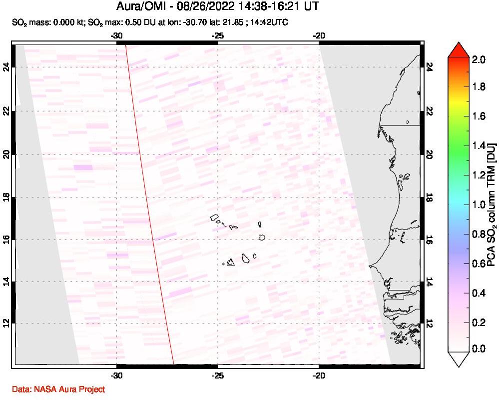 A sulfur dioxide image over Cape Verde Islands on Aug 26, 2022.