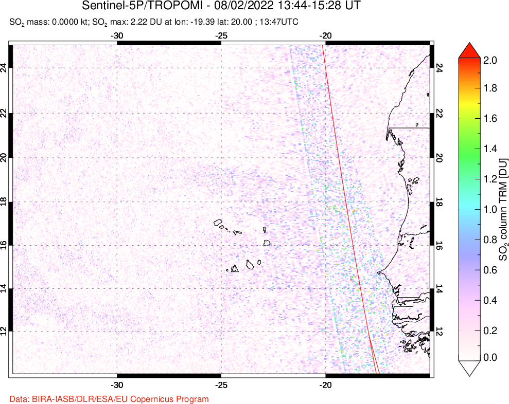A sulfur dioxide image over Cape Verde Islands on Aug 02, 2022.