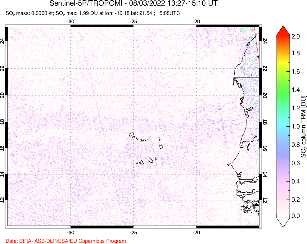 A sulfur dioxide image over Cape Verde Islands on Aug 03, 2022.